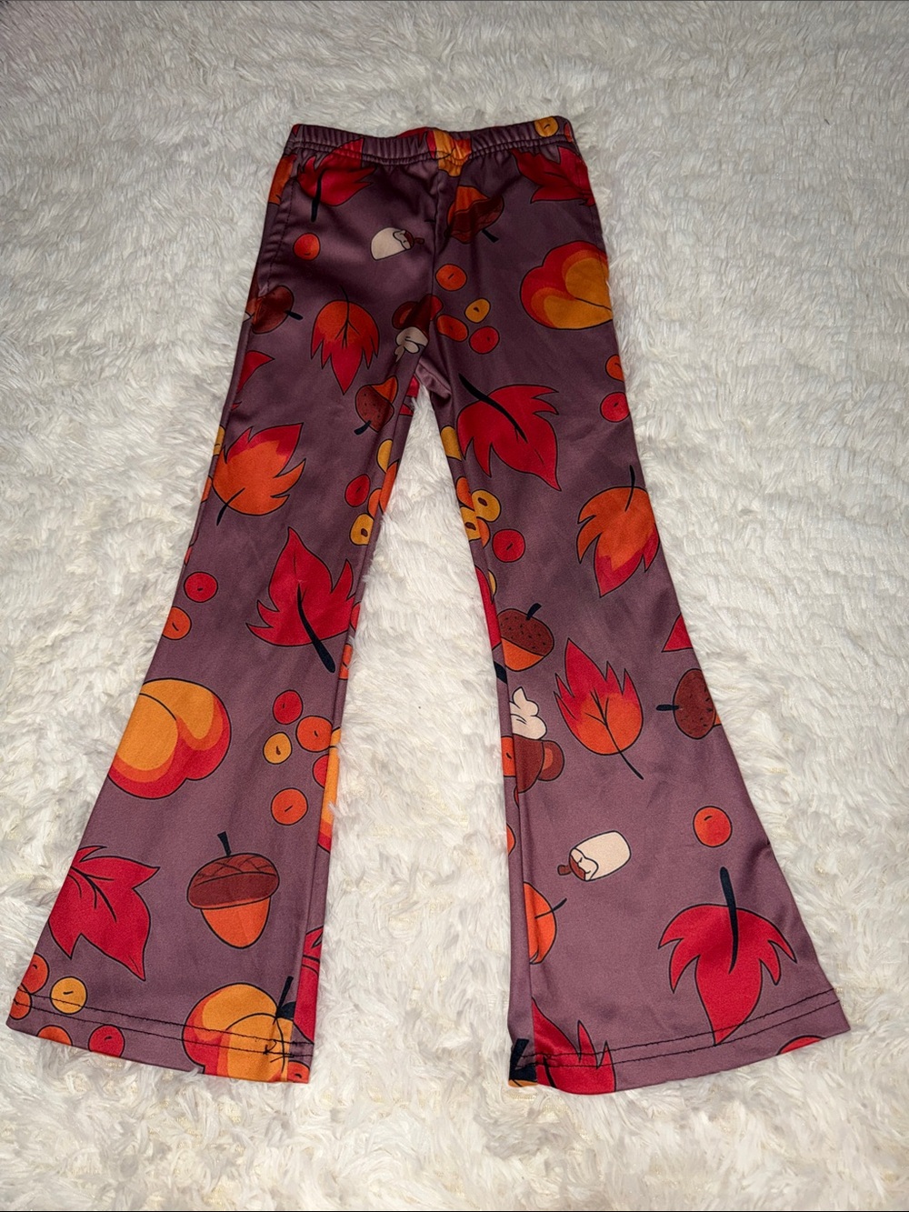Autumn Leaf & Acorn Printed Flare Pants - Rust Plum